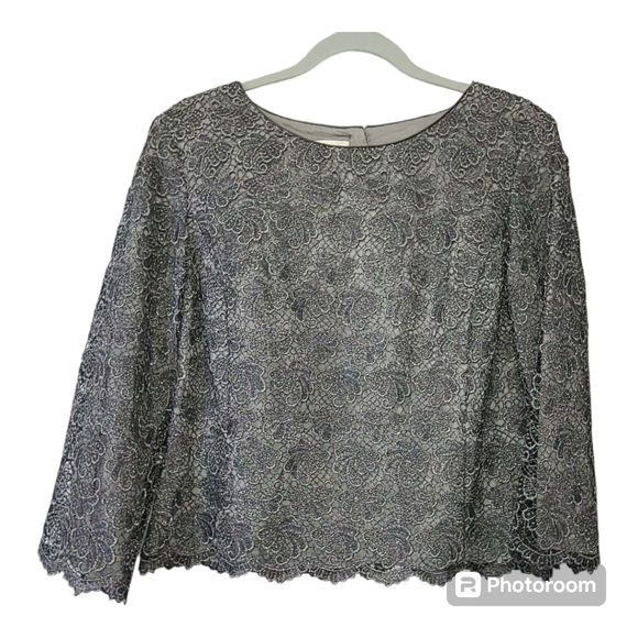 TALBOTS Metallic Silver Lace 3/4 Sleeve Formal Top Party Glam Crochet Womens - Picture 1 of 8